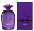 Dolce & Gabbana Dolce Violet Eau de Toilette bottle in purple glass with a black ribbon bow, shown next to its matching purple box packaging.