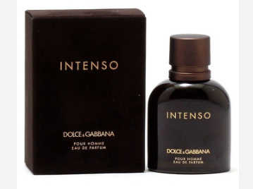 Dolce Gabbana Intenso Pour Homme Eau de Parfum bottle next to its dark brown box, featuring gold lettering on a white background.