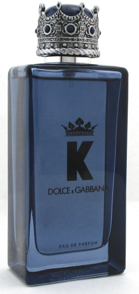 Dolce & Gabbana K Eau de Parfum bottle in dark blue glass with a silver crown cap, shown on a white background.
