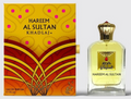 Harem Al Sultan Khadla II perfume bottle and its yellow and red patterned box, shown side by side against a white background.