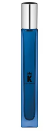 A tall, rectangular blue glass bottle with a shiny silver cap, featuring a black crown logo with the letter K on the front, set against a plain white background.