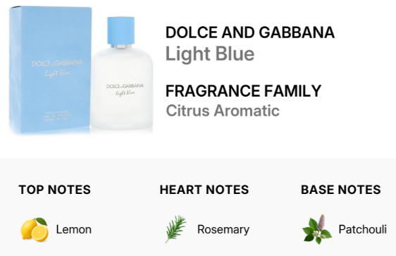 Dolce and Gabbana Light Blue fragrance bottle and its light blue box on a white background, with text listing the fragrance family as Citrus Aromatic and notes: Lemon, Rosemary, and Patchouli.