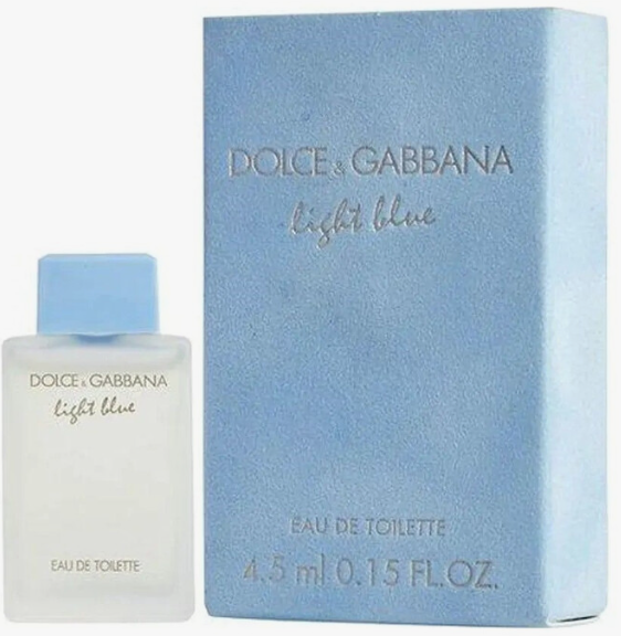 Dolce & Gabbana Light Blue Eau de Toilette shown with a frosted glass bottle and its textured light blue packaging box.