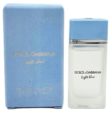 Dolce & Gabbana Light Blue Eau de Toilette bottle next to its textured light blue box, featuring the brand name and product name clearly visible.