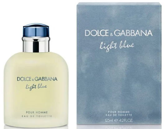 Dolce & Gabbana Light Blue Pour Homme Eau de Toilette bottle next to its blue packaging box, on a white background.