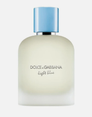 Dolce & Gabbana Light Blue Eau de Toilette bottle with a frosted glass body, light blue cap, and silver lettering on a white background.