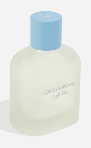 Dolce & Gabbana Light Blue perfume bottle with a frosted pale greenish-white glass body and a light blue cap, shown on a light gray background.