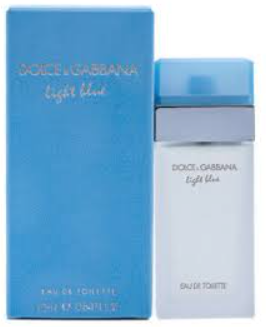 Diorce Gabbana Light Blue Eau de Toilette bottle and its blue packaging box, shown against a plain white background.