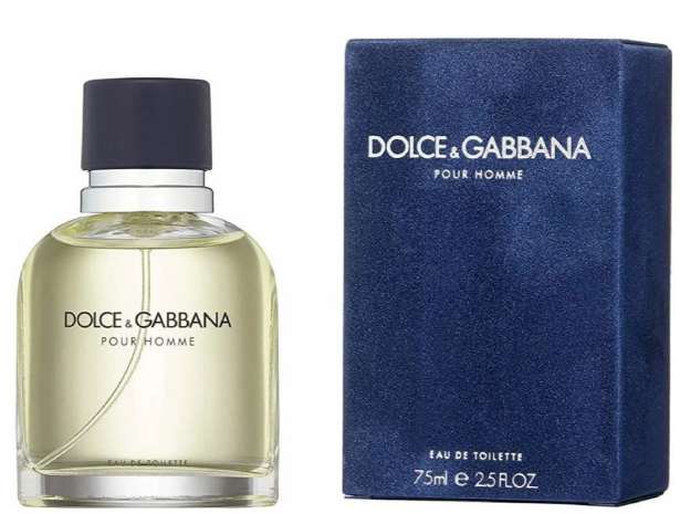 Dolce & Gabbana Pour Homme Eau de Toilette bottle with pale yellow liquid next to its textured navy blue box, on a white background.