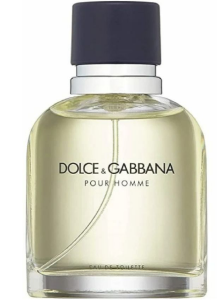 Dolce & Gabbana Pour Homme Eau de Toilette perfume bottle with pale yellow liquid, a silver collar, and a dark navy cap on a white background.