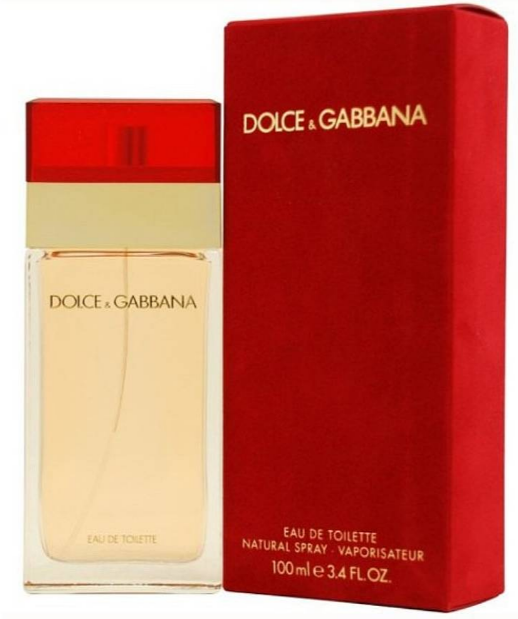 Dolce & Gabbana Eau de Toilette bottle with a red cap and pale yellow liquid, shown next to its red box with gold lettering.