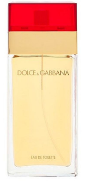 Dolce & Gabbana Eau de Toilette bottle with a vibrant red cap, a gold metallic band, and pale yellow liquid inside a clear glass container.
