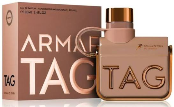 Armaf Tag Donna di Terra Eau de Parfum bottle and its matching brown cardboard packaging box, featuring metallic rose gold lettering and accents.