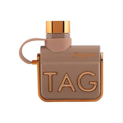 A small rectangular perfume bottle with a taupe-brown body, rose gold metallic trim, and a matching cap, featuring the embossed brand name 'TAG' on the front.