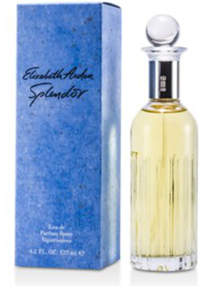 Elizabeth Anderson Splendor Eau de Parfum bottle with pale yellow liquid next to its textured blue packaging box.