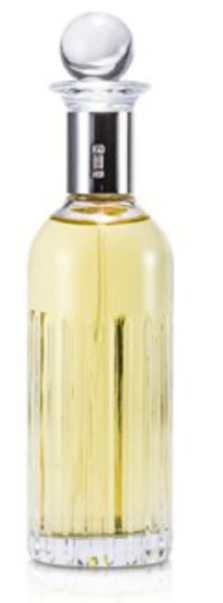 A clear glass bottle with a ribbed vertical pattern, filled with pale yellow liquid, topped with a silver collar and a clear spherical stopper, shown on a white background.