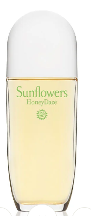 Sunflowers HoneyDaze cosmetic bottle with a white cap and pale yellow liquid inside, featuring green text and logo on the front.