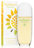 Elizabeth Arden Sunflowers HoneyDaze Eau de Toilette spray bottle next to its white and yellow packaging box, featuring a sunflower and bee illustration.