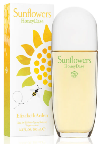 Elizabeth Arden Sunflowers HoneyDaze Eau de Toilette spray bottle next to its white and yellow packaging box, featuring a sunflower and bee illustration.