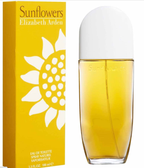 Elizabeth Arden Sunflowers Eau de Toilette bottle and packaging box. The box is bright yellow with a large white sunflower graphic and gold lettering.