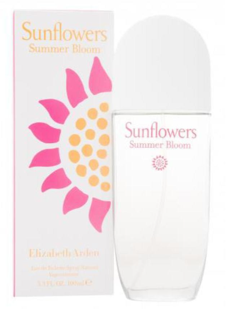 Elizabeth Arden Sunflowers Summer Bloom Eau de Toilette spray bottle next to its white packaging box, featuring a pink and yellow sunflower graphic.