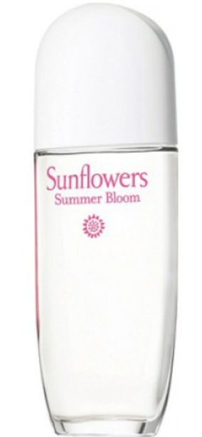 A clear glass bottle of Sunflowers Summer Bloom fragrance with a white cap, featuring pink text and a small pink sunflower icon on the front.
