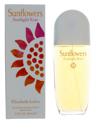 Elizabeth Arden Sunflowers Sunlight Kiss Eau de Toilette bottle and packaging box. The bottle contains pale yellow liquid and has a white cap, next to its white box decorated with a red and pink flower design.