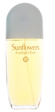 Sunflowers Sunshine Kiss perfume bottle with a translucent gray cap and pale yellow liquid inside, on a white background.