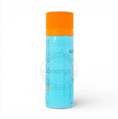 A cylindrical shaving gel bottle with a bright orange cap and a light blue body, shown on a white background with a faint brand watermark.