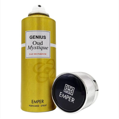 A gold cylindrical perfume spray bottle labeled 'GENIUS Oud Mystique' with a separate silver-and-black cap placed beside it on a plain white background.
