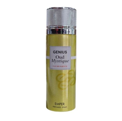 A cylindrical perfume spray bottle labeled 'GENIUS Oud Mystique' with a metallic silver cap and a pale yellow-green body, shown on a plain white background.