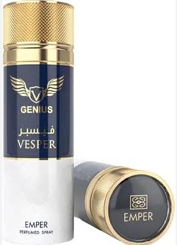 A perfume atomizer bottle labeled 'GENIUS VESPER' with a gold cap and white-and-navy body, alongside a separate gold cap lid marked 'EMPER'.