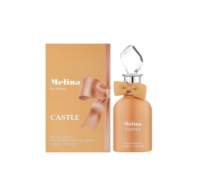 Melina Castle Eau de Parfum 30ml bottle with a peach-colored glass body, a matching peach ribbon bow, and a clear faceted cap, shown next to its peach-colored packaging box on a white background.