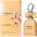 Melina Caster For Women Eau de Parfum bottle and its packaging box. The bottle has a peach-colored body with a yellow satin bow around the neck and a faceted silver cap.