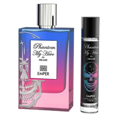 Emper Phantom My Hero in Miami perfume bottle and matching roll-on bottle, featuring a blue-to-pink gradient design with a skull graphic and silver/black caps on a white background.
