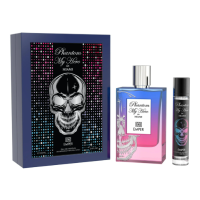 Emper Phantom My Hero Miami perfume set with skull design on packaging