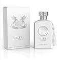 A white rectangular perfume box with a silver winged emblem and the brand name VALERA stands beside a matching white perfume bottle with a silver cap and tassel, on a clean white background.