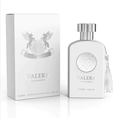 A white rectangular perfume box with a silver winged emblem and the brand name VALERA stands beside a matching white perfume bottle with a silver cap and tassel, on a clean white background.