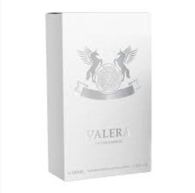 A white rectangular box for Valera Eau de Parfum, featuring a silver winged horse emblem and the brand name 'VALERA' printed in silver on the front, set against a plain white background.