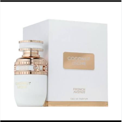 Coconut LegChe perfume bottle with a white body and rose gold metallic accents, shown next to its white packaging box with a gold label.