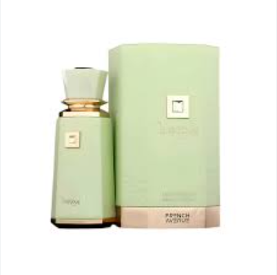 Green perfume bottle and packaging with 'French Avenue' branding on a white background