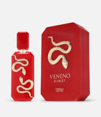 A red perfume bottle and matching red box for Veneno Scarlet, both decorated with a gold snake graphic, shown on a light gray background.