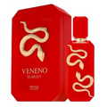 Red Veneno Scarlet perfume bottle and matching box, both decorated with a gold snake illustration and labeled 'VENENO SCARLET' and 'FRENCH AVENUE'.