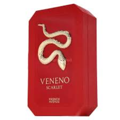 Red Veneno Scarlet perfume box with a gold snake logo and gold lettering on a white background.