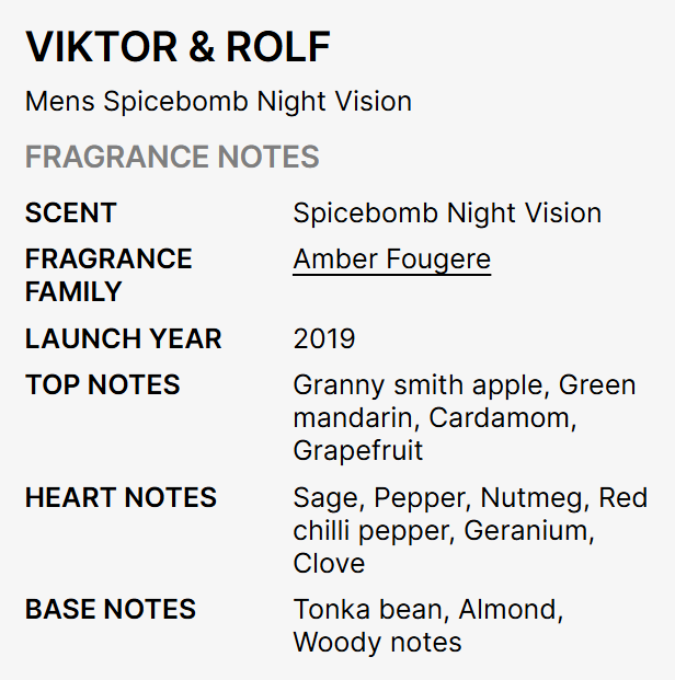 A text-based fragrance notes card for Viktor & Rolf's 'Spicebomb Night Vision' perfume, detailing scent, fragrance family, launch year, and top, heart, and base notes.