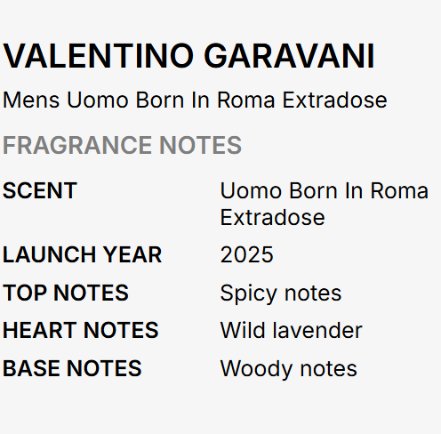A text-based fragrance note card for Valentino Garavani's 'Mens Uomo Born In Roma Extradose', detailing the launch year as 2025 and listing key scent notes including spicy, wild lavender, and woody notes.