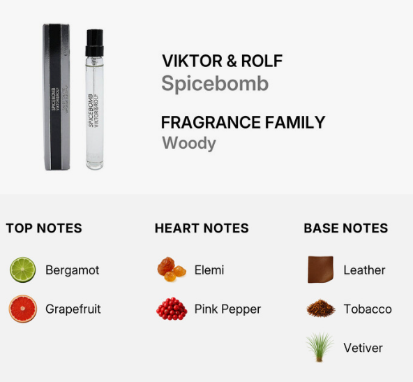 Fragrance note chart for Viktor & Rolf Spicebomb, showing the black retail box and a clear glass sample vial on a white background, with top/bottom notes and a bottom section listing Woody base notes including Leather, Tobacco, and Vetiver.
