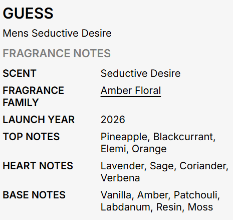 A text-based fragrance note card for GUESS Men's Seductive Desire, detailing the scent as 'Amber Floral' with top and heart notes listed.