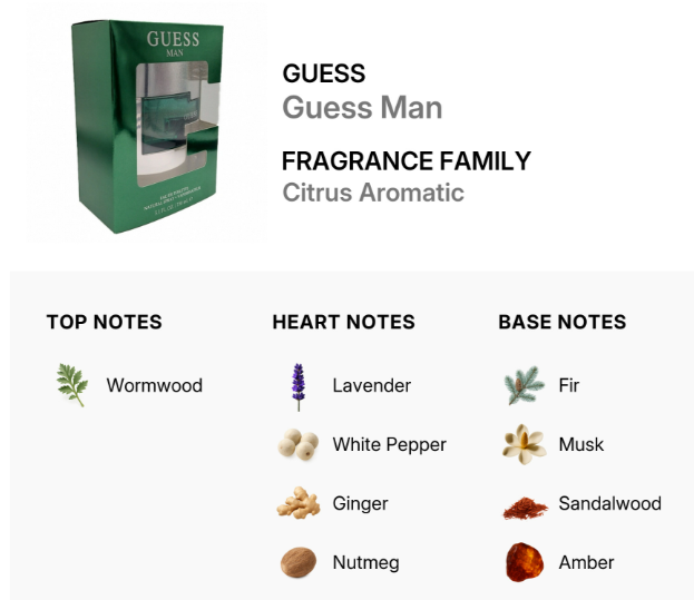 A product information graphic for Guess Man Fragrance Family Citrus Aromatic. It shows the green Guess Man box on the left and text listing the scent notes: Wormwood, Lavender, White Pepper, Ginger, Nutmeg on the top left; Fir, Musk, Sandalwood, and Amber on the bottom.
