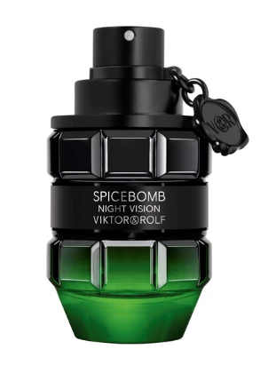 Viktor & Rolf Spicebomb Night Vision perfume bottle designed like a black grenade with a green faceted base, featuring a black spray top and a small black hanging tag.